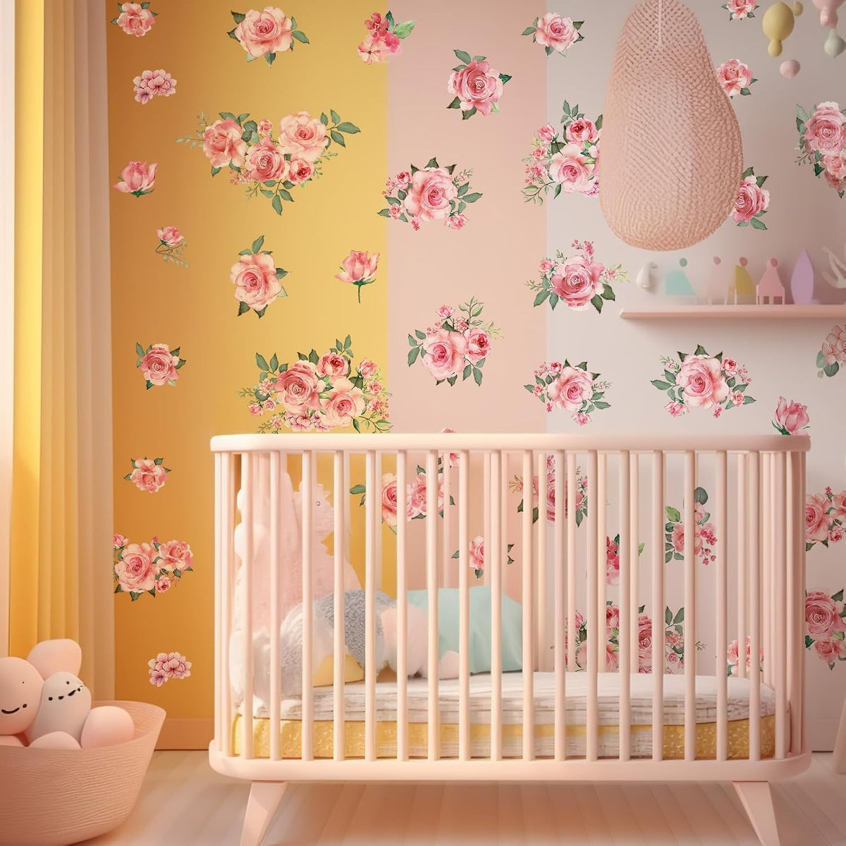 Pink Flowers & Green Leaves Wall Decals - Removable Peel & Stick Garden Floral Wall Stickers for Bedroom & Living Room
