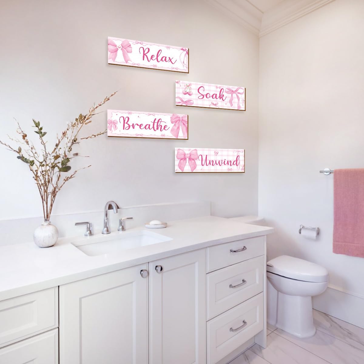 4 Pcs Pink Wall Decor, Pink Bathroom Room Decor for Teen Girls, Relax Soak Unwind Breathe Wooden Wall Art Decor, Coquete Bow Wall Hanging Signs