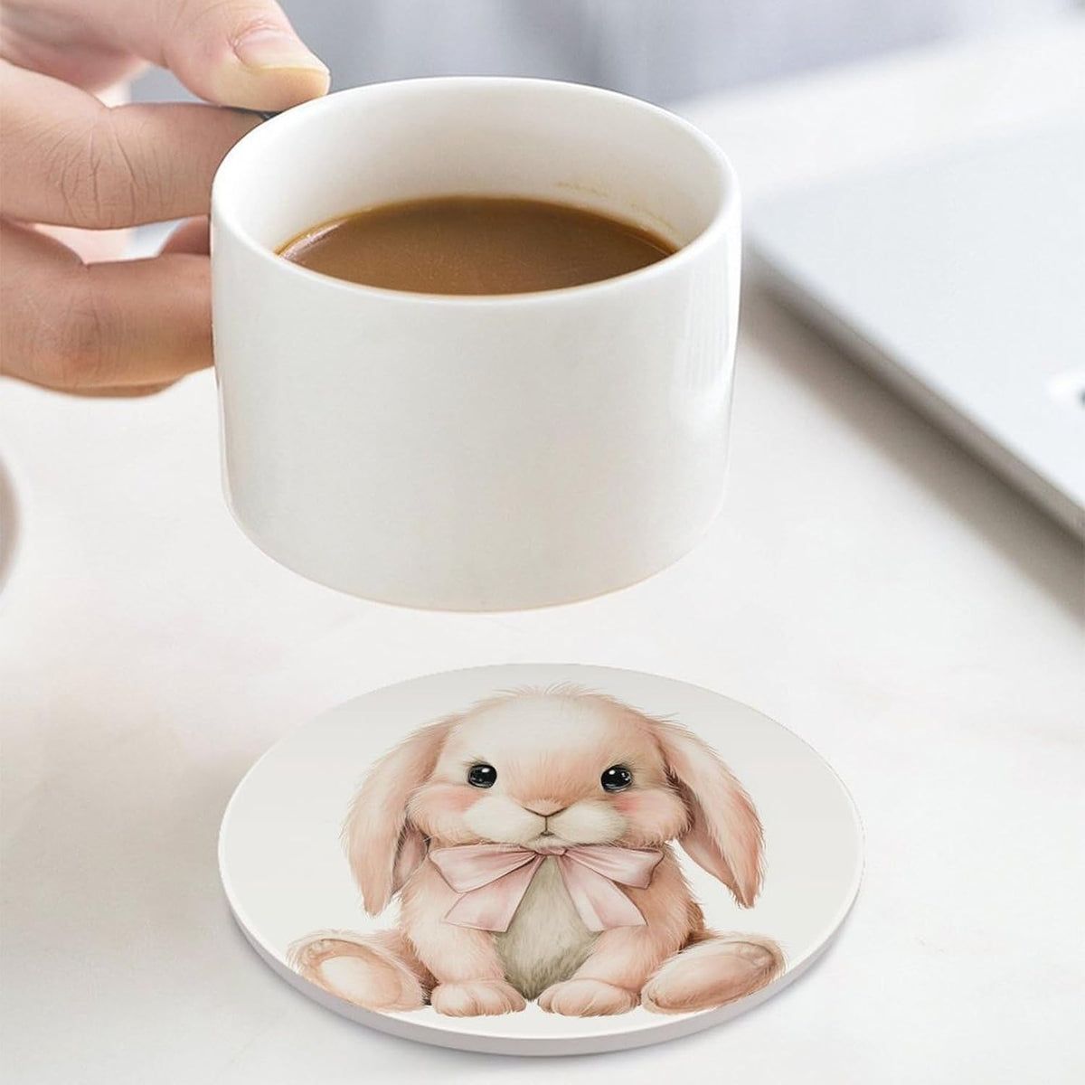 Watercolor Animal Light Pink Bunny Wearing Bow Coasters Set of 4 Absorbent Coasters