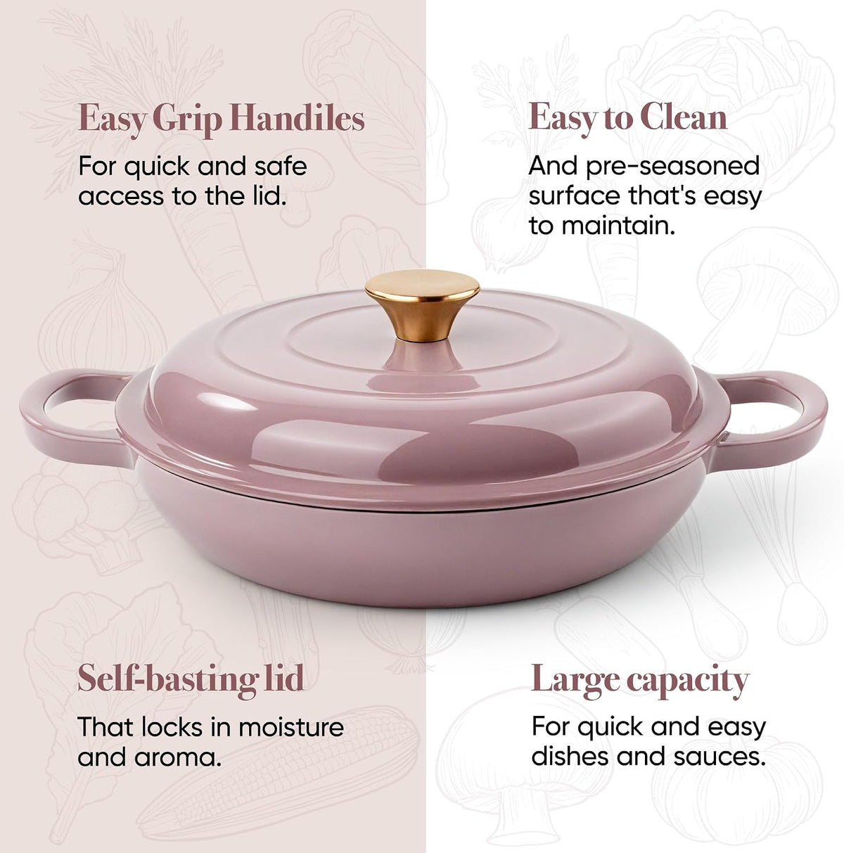 3 Quart Enameled Cast Iron Braiser, Non Stick Enameled Cast Iron Skillet with Lid, Dutch Oven Skillet with lid up to 500°F for Oven, Stove, Grill, Shallow Dutch Oven for Cook, Bake (Pink)