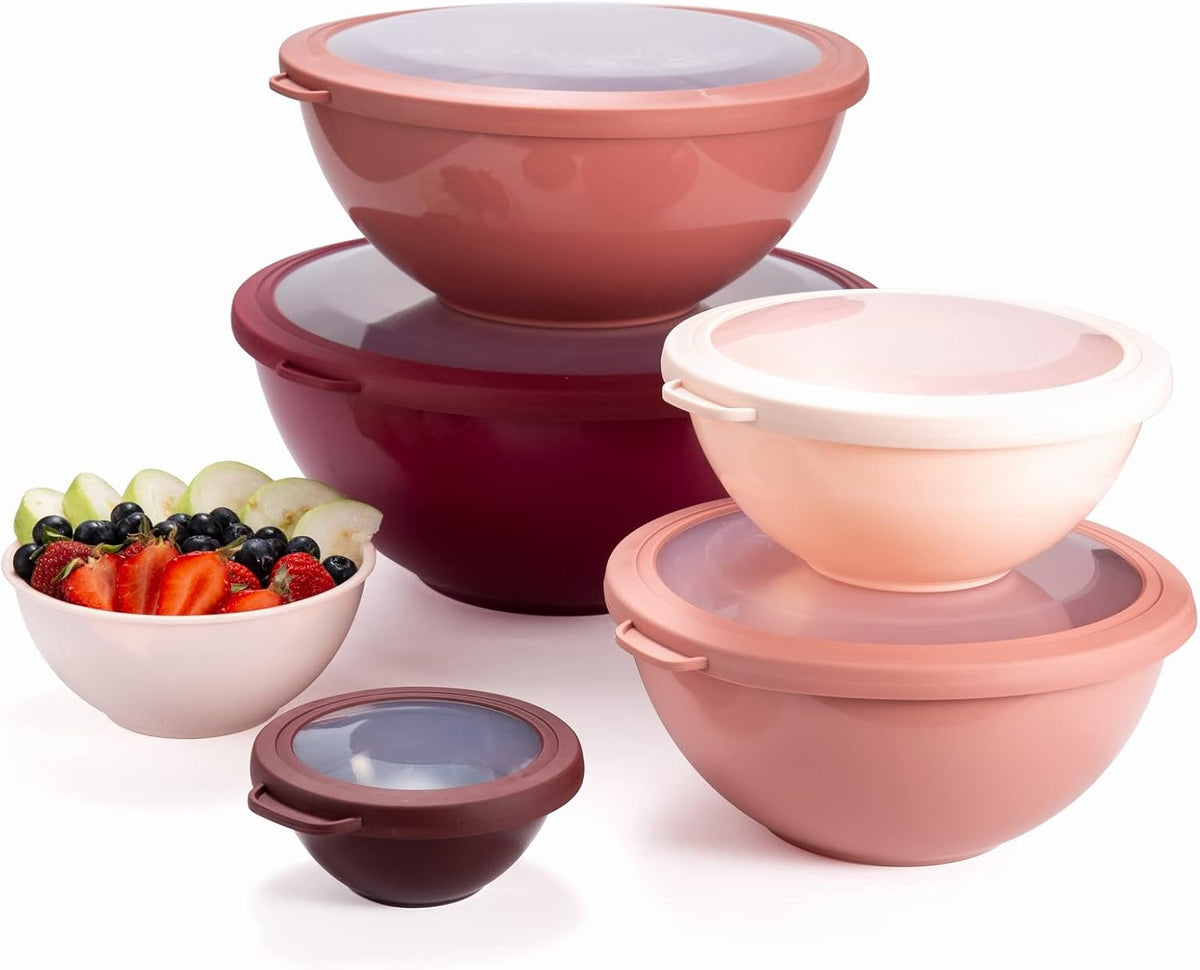 Mixing Bowls with Lids - 12 Piece Plastic Nesting Bowls Set includes 6 Prep Bowls and 6 Lids, Microwave Safe Mixing Bowl Set, Rose TPR Lid