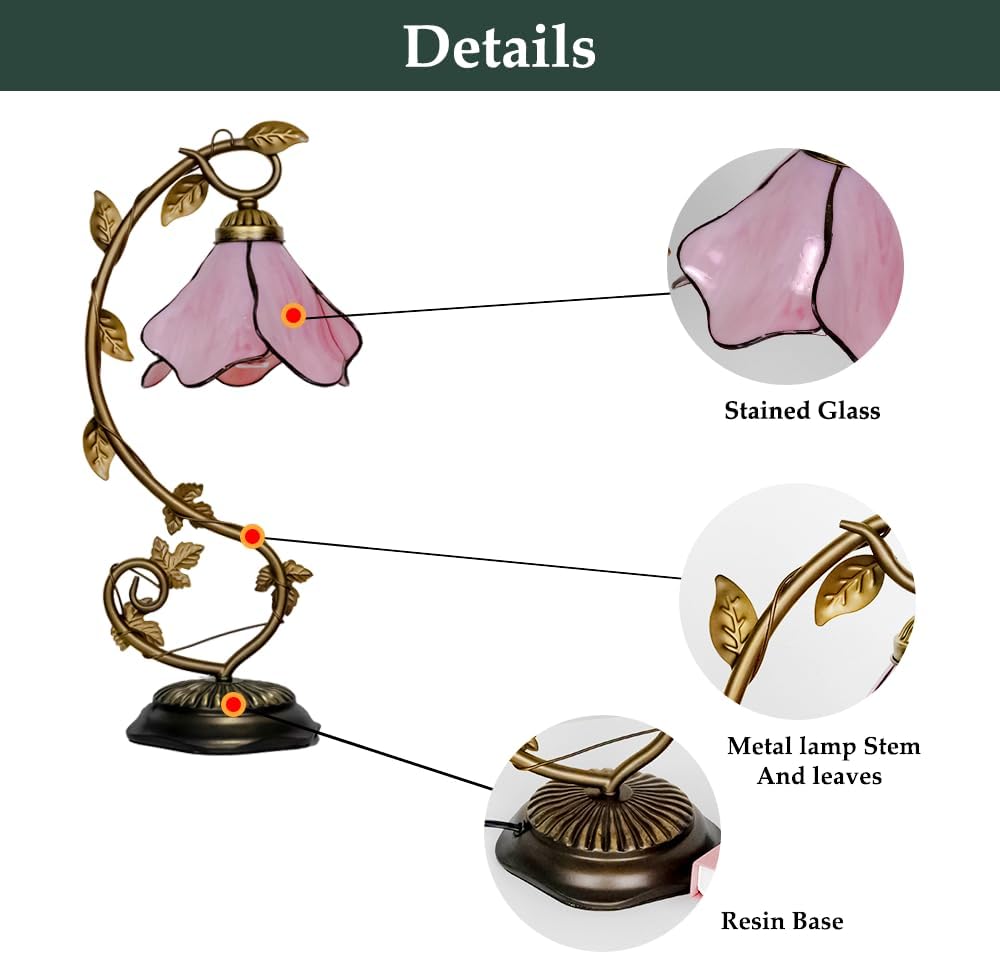 Tiffany Style Table Lamp with Metal Leaf, Stained Glass Desk Lamp, Vintage Night Light, Art Deco Reading Light with Handmade Lampshade for Nightstand Living Room (Pink)
