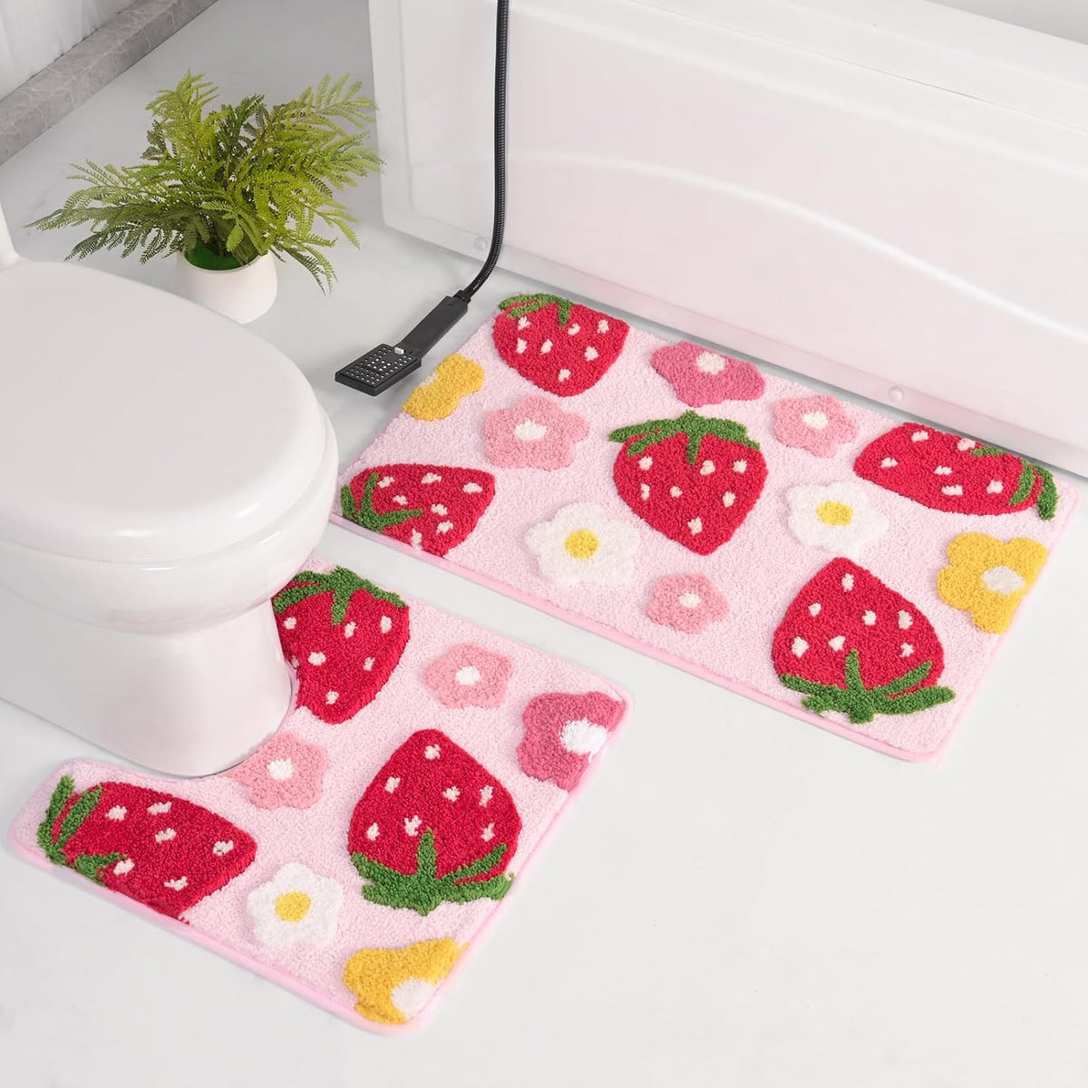 Anybar U-Shaped Toilet Rug 20x24'' - Super Soft Absorbent Bathroom Mat with Cute Strawberry & Flower Design, Non-Slip Quick-Dry Washable Contour Rug for Toilet, Bath Mats for Bathroom Decor(Pink)