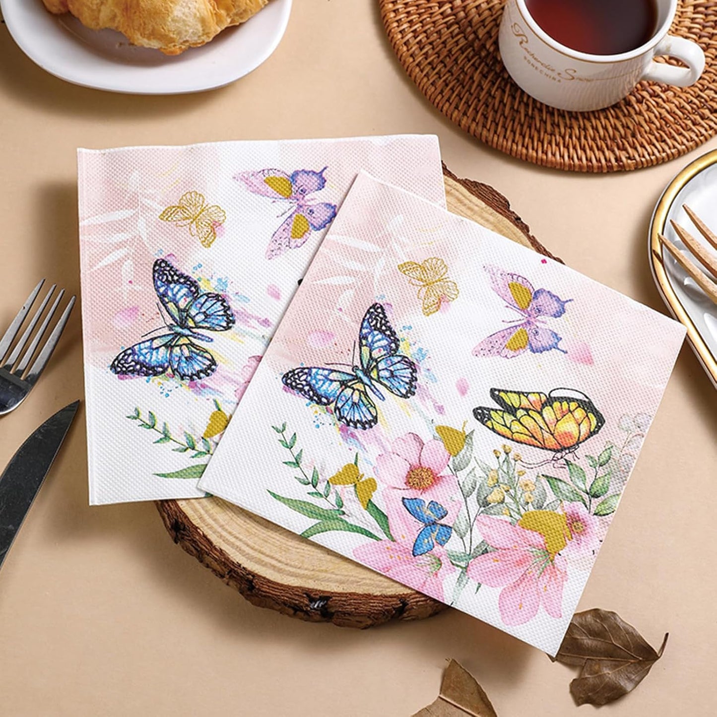 100 Pack Pink Floral Napkins, Spring Cocktail Napkins Flower Butterfly Design, Paper Napkins for Wedding, Baby Shower, Birthday Party, 6.5 x 6.5 Inch