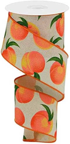 Craig Bachman 2.5" x 10 Yards Peaches on Royal Burlap Ribbon with Wired Edge, Cream Fruit Pattern Decorative Ribbon for Wreath Making, Garland, Spring Floral Design, and Summer Fruit Decor - RGC1224C2
