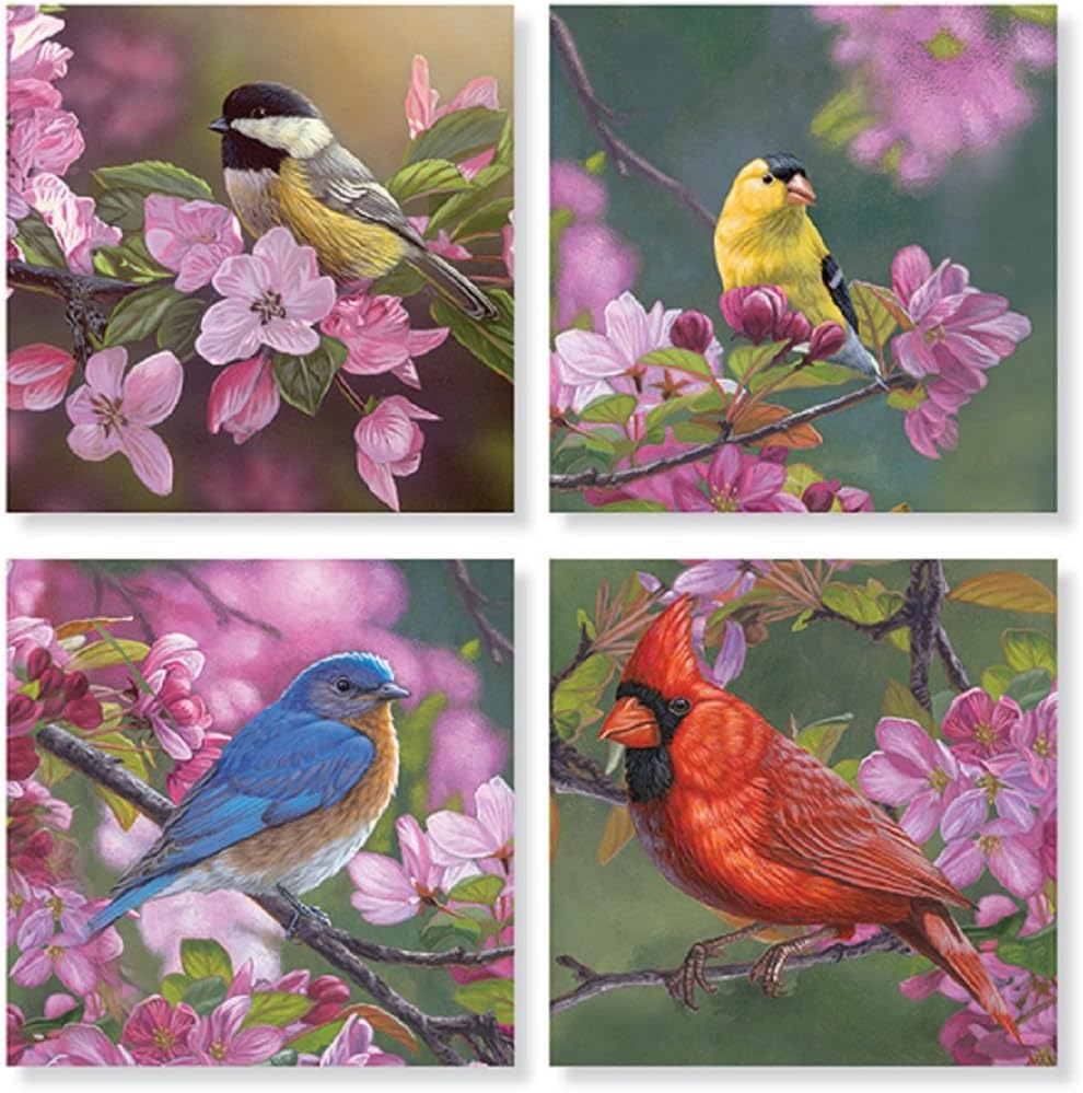 Set of 4 "Mixed Birds on Pink Flowers" Square Stone Coaster Set Home Accents