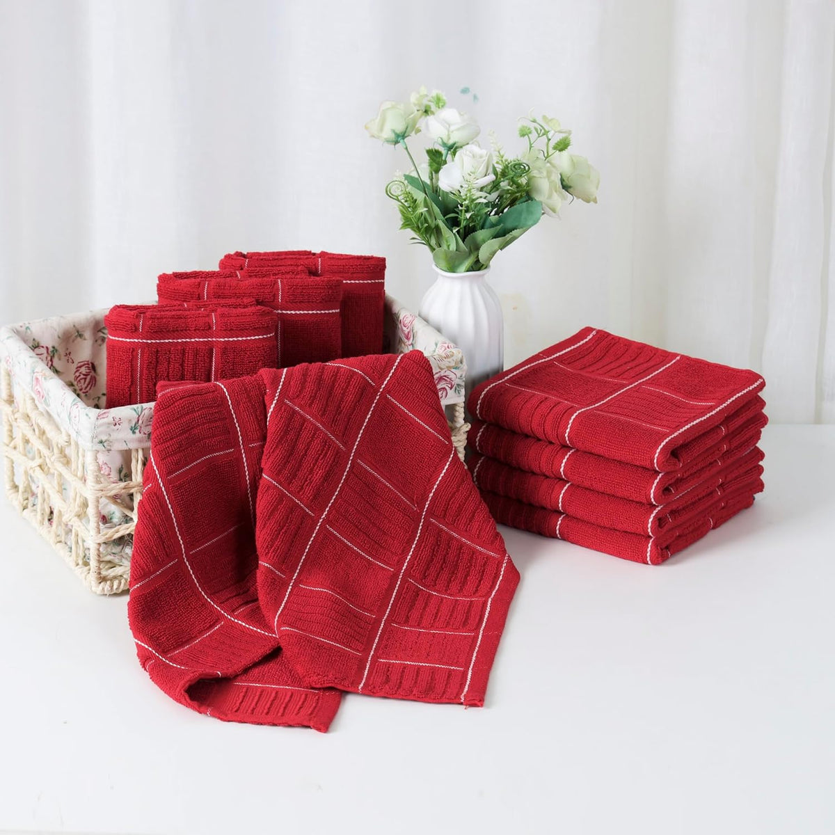 Kitchen Towels and Dishcloths Set, Four Kitchen Dish Towels 16x26 Inches, Four Absorbent Dish Cloths for Washing Dishes 12x12 Inches, Cleaning and Drying for Everyday Use Pack of 8 (Pink)