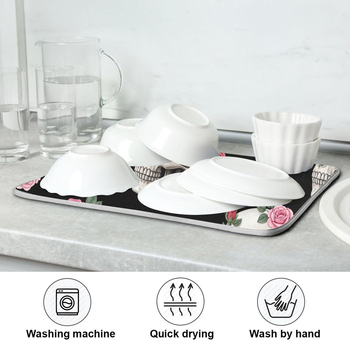 Skulls Pink Roses Black Dish Drying Mats Floral Pastel Absorbent Dish Dry Mat Kitchen Dishes Counter Mat, 18" x 24"