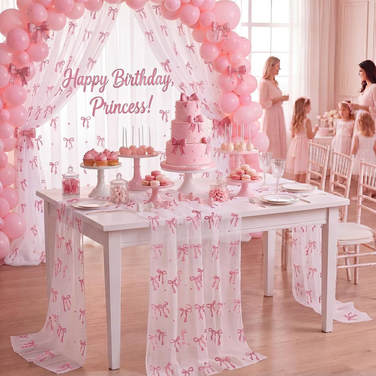 4 Pcs Pink Bow Table Runner 29x70 White Tulle Lace