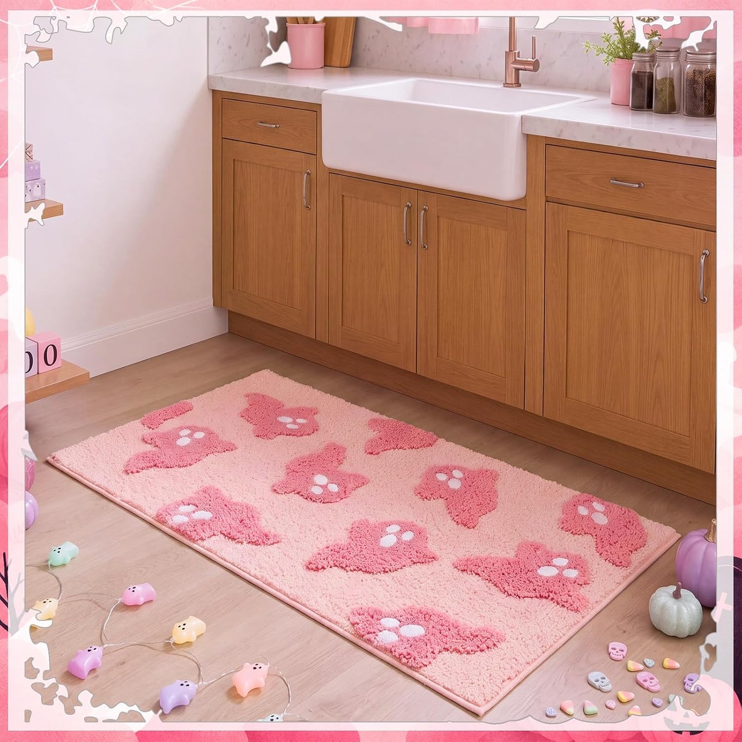 Halloween Pink Ghost Bathroom Rugs Decorations Bathroom Rugs Non Slip Door Mat for Front Door Outdoor Home Decor, 29 x 17 Inches