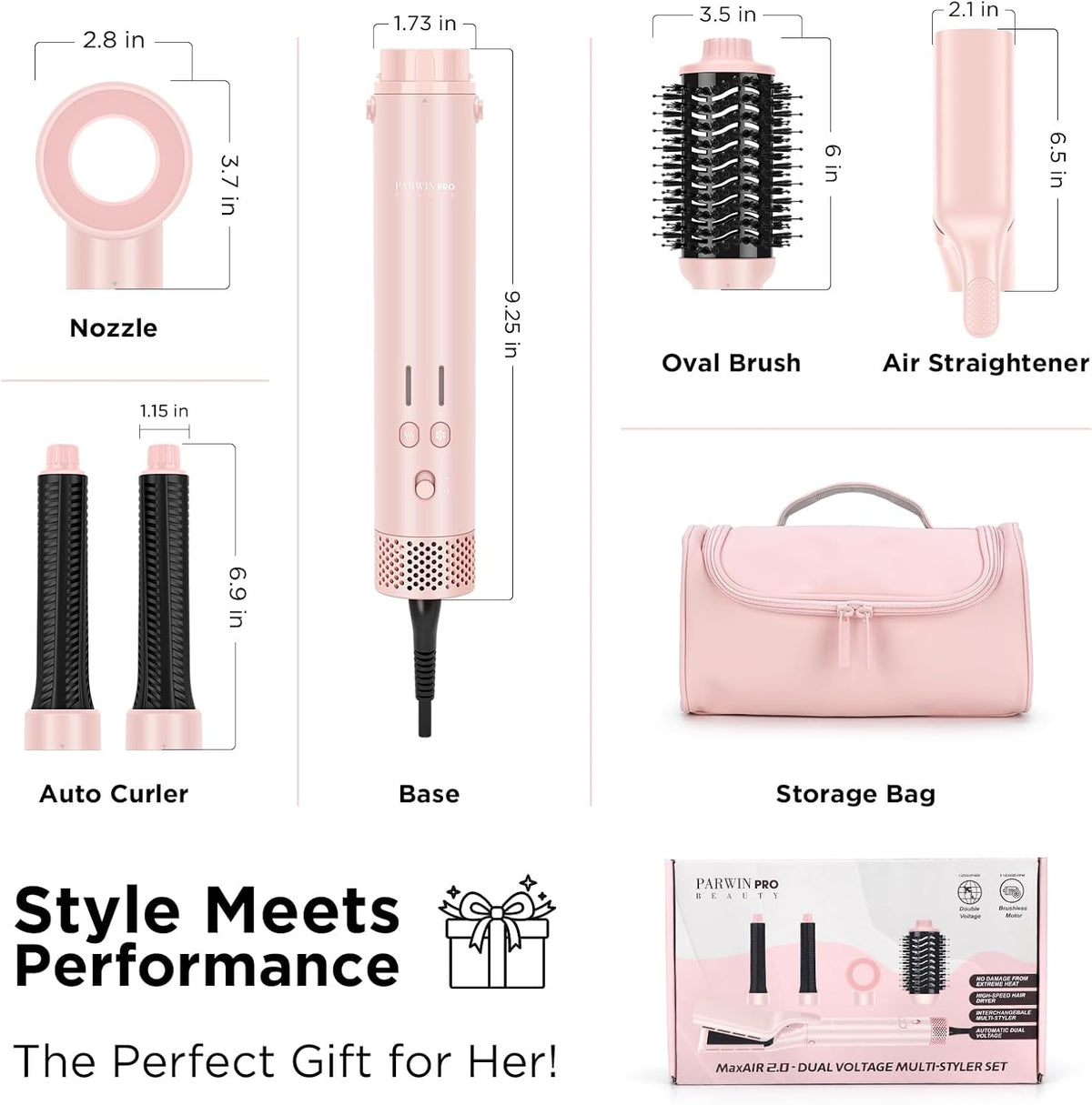 Dual Voltage Travel Hair Dryer Brush, 5-in-1 Air Styler Set with Travel Bag