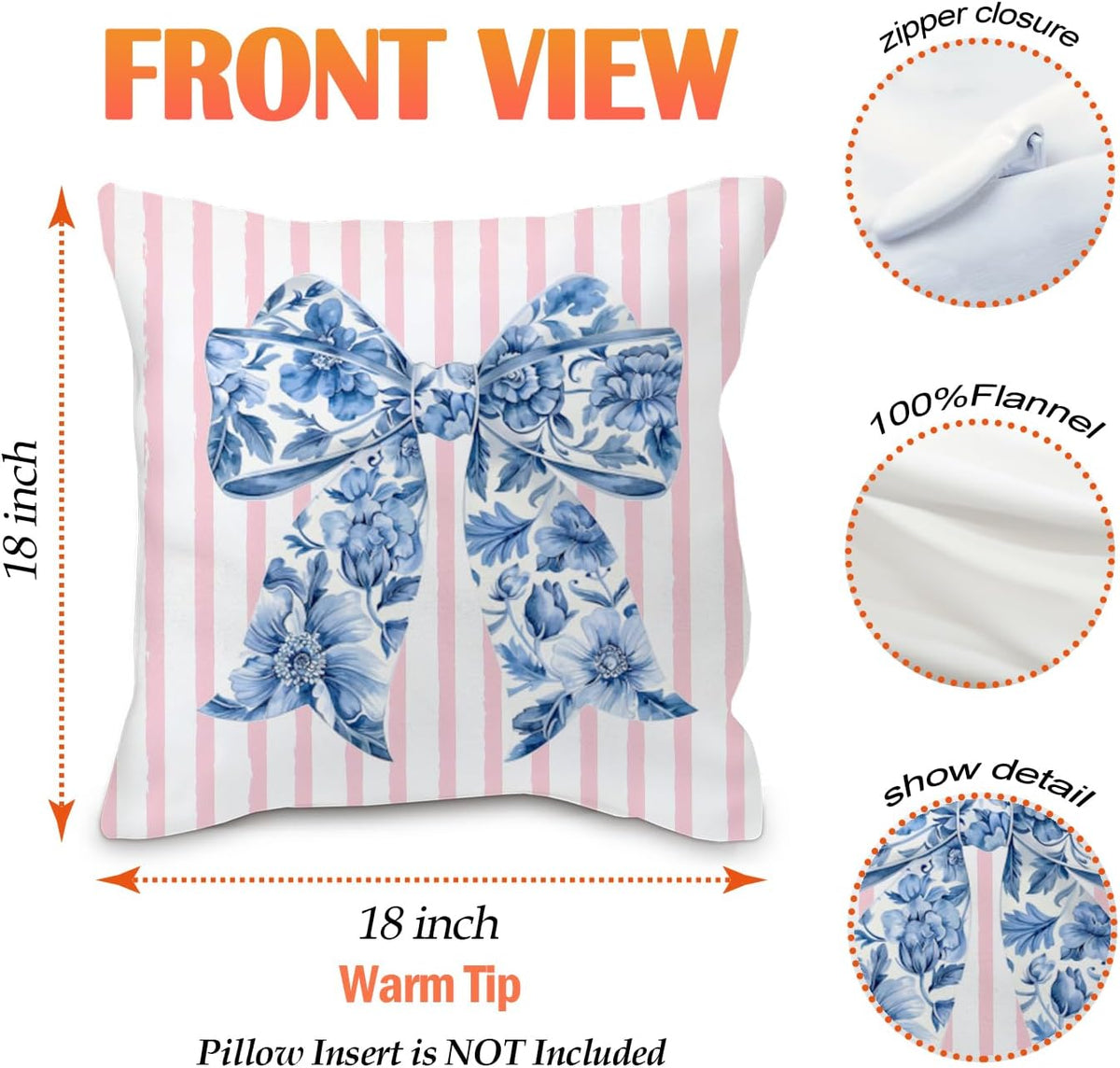 Coquette Chinoiserie Bow Pillow Covers 18x18 - Blue and White Floral Throw Pillow Cases, Pink Bow Room Decor, Girly Room Decor Aestheticm, Grand Millenial Pillow Covers Set of 2