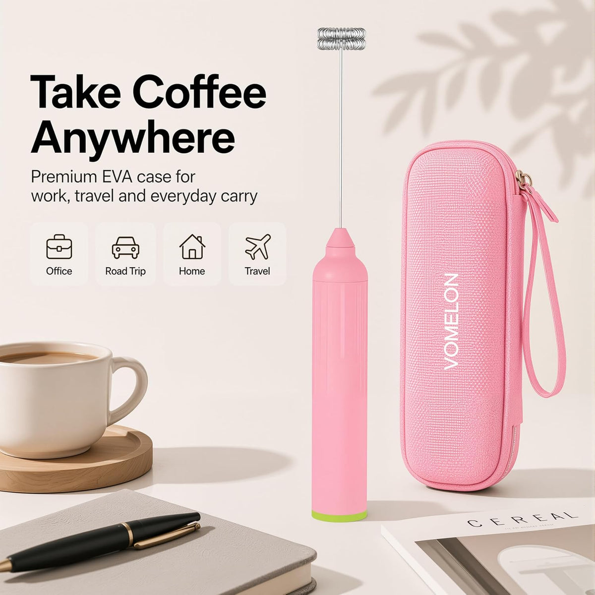 Milk Frother Handheld with 3 Stainless Steel Whisks, Rechargeable Electric Drink Mixer with Stand & Travel Case, Milk Foamer for Coffee, Latte, Cappuccino, Hot Chocolate, Egg,Jam Supplement-Pink