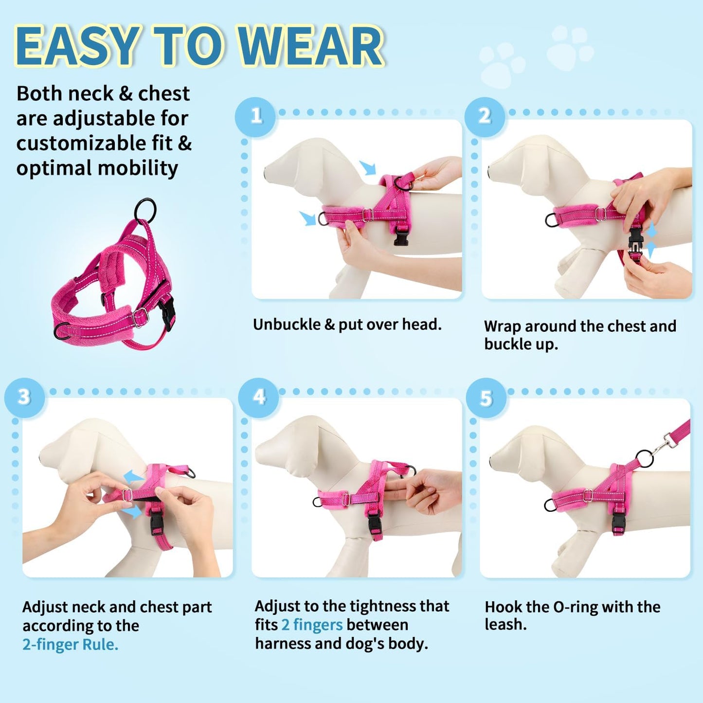 SlowTon No Pull Small Dog Harness and Leash Set, Puppy Soft Vest Harness Neck & Chest Adjustable, Reflective Lightweight Harness & Anti-Twist Pet Lead Combo for Small Medium Dogs (Fuchsia, XS)