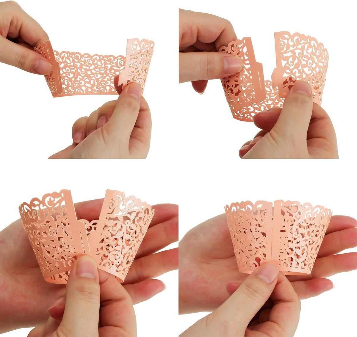 150 Pack Cupcake Wrappers, Little Vine Lace Laser Cut Liner, Paper Baking Cups for Wedding Party Birthday Baby Showers Decoration (Gold, White, Pink)