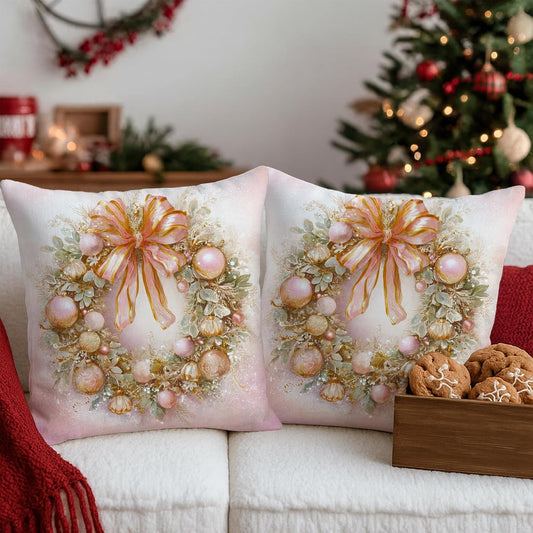 Wreath Throw Pillow Covers Set of 2, Christmas Festive Bow Ornaments Xmas Peach with Hidden Zipper Cover Decorative Pillows for Living Room Bed Office Sofa Chair Decor 20x20 Inch