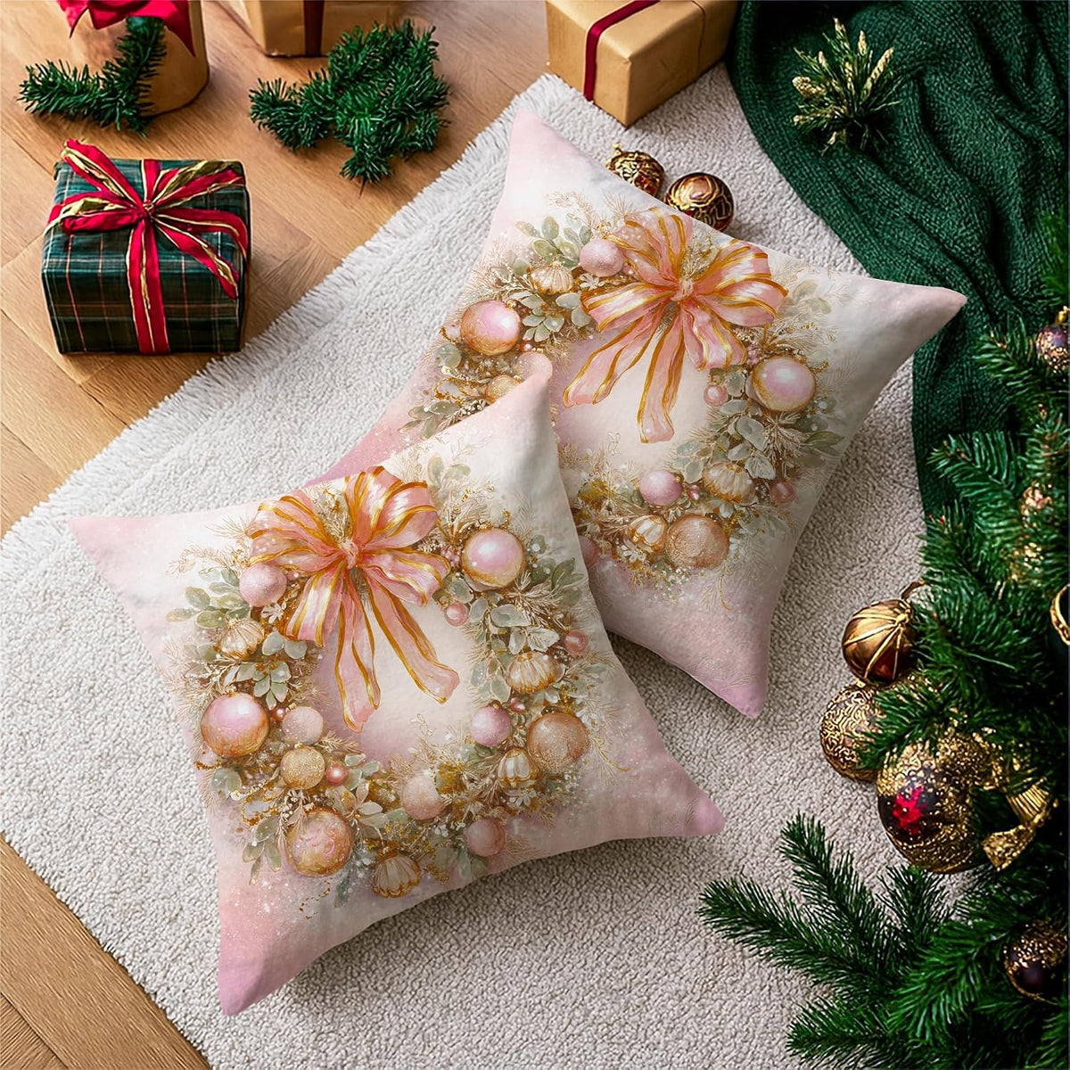 Wreath Throw Pillow Covers Set of 2, Christmas Festive Bow Ornaments Xmas Peach with Hidden Zipper Cover Decorative Pillows for Living Room Bed Office Sofa Chair Decor 20x20 Inch