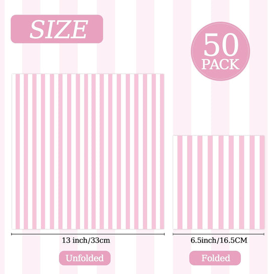 50PCS Pink and White Striped Paper Napkins, Light Pink Dinner Napkin Disposable Beverage Dessert Luncheon Napkins for Birthday Bridal & Baby Shower Wedding Party Supplies