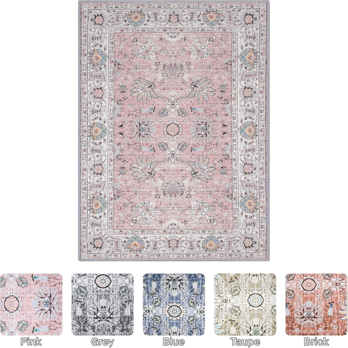 3x5 Washable Bedside Pink Rug Vintage Floral Rugs for Girl Bedroom