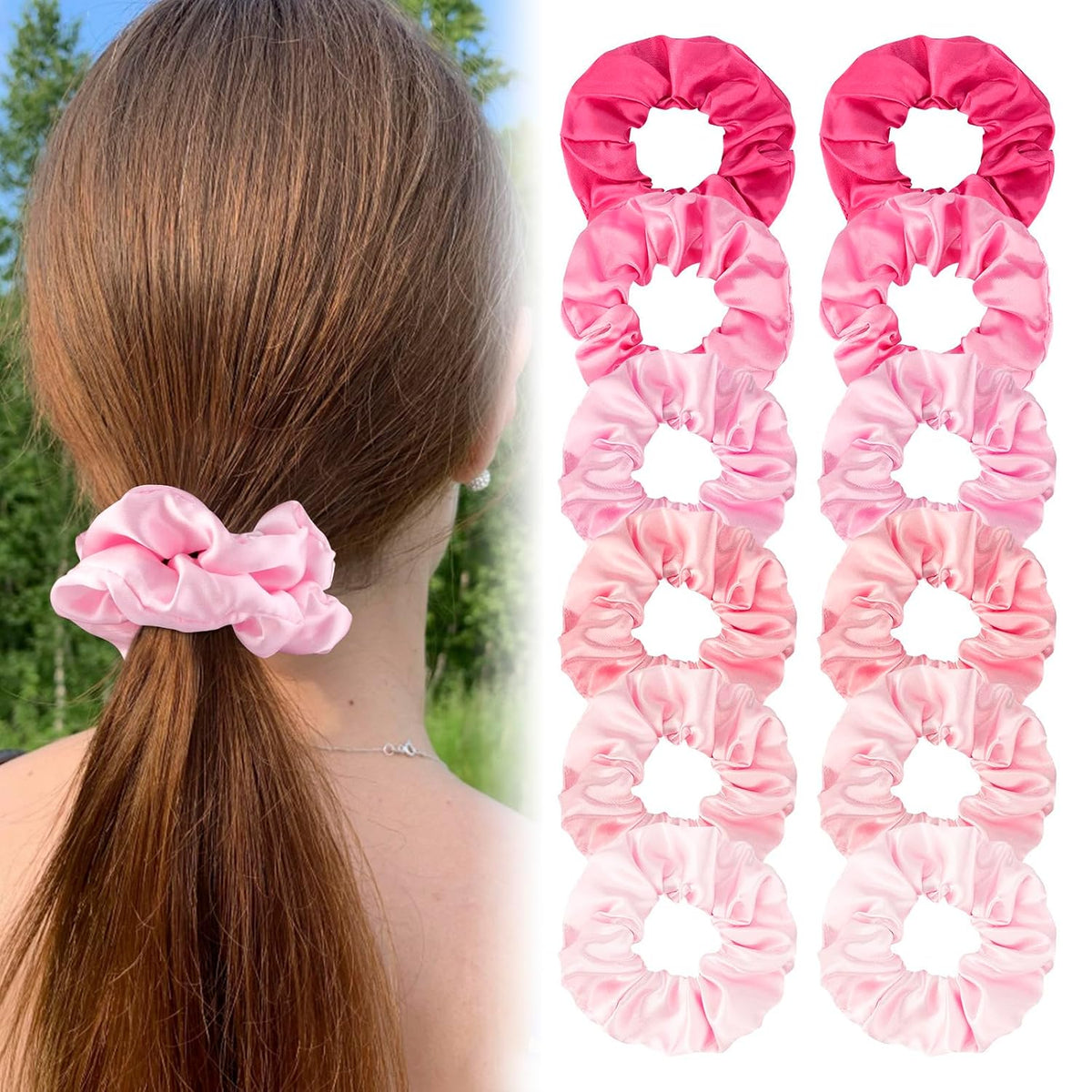 Satin Scrunchies Set of 12 - Elastic Silk Bubble for Girls, Pink Hair Accessories and Valentine's Day Gifts