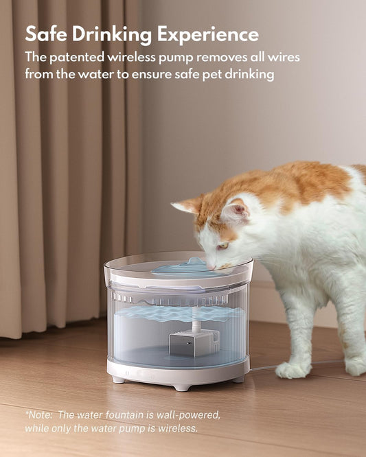 Homerunpet Cat Water Fountain with Wireless Pump, Ultra Quiet, BPA-Free Pet Water Fountain Indoor, Detachable Design Easy to Clean, Ultra Quiet Cat Water Bowl, Filter Included, 2L/68oz