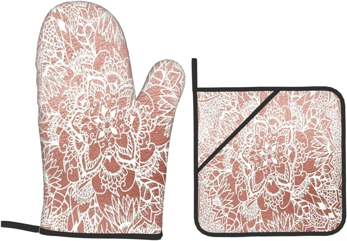Rose Gold Pink Flower Pattern 4 Pack Custom Design Oven Mitts Pot Holders Set, Thick Polyester Kitchen Gloves for Home Baking Backyard Grilling