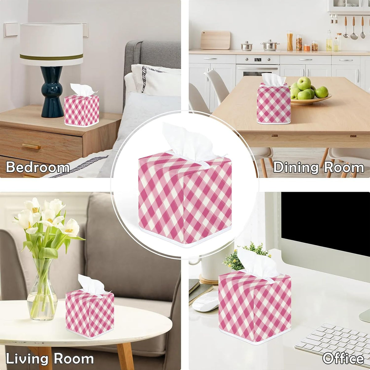 Pink Plaid Tissue Box Cover Square Napkin Holder for Home Bedroom Vanity Countertop Night Stands, Checkerboard