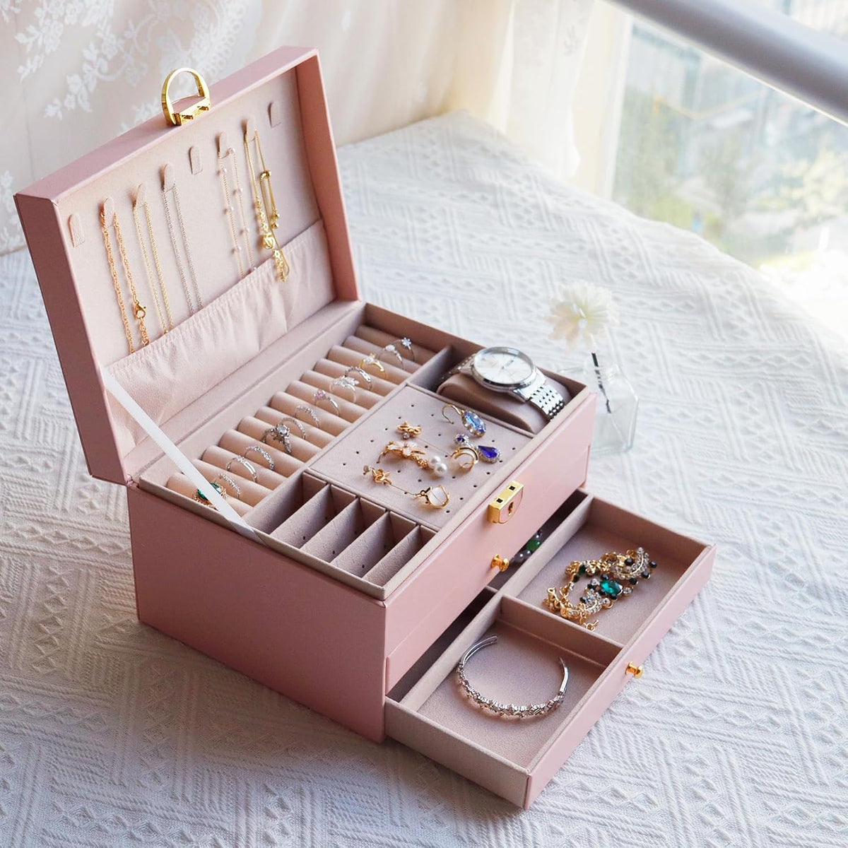 Jewelry Box for Women Girl Wife Jewelry Organizers and Storage with Lock 3 Layer Jewelry Boxes Organizers Large Jewelry Box with PU Leather Display for Earrings Rings Bracelets Watches