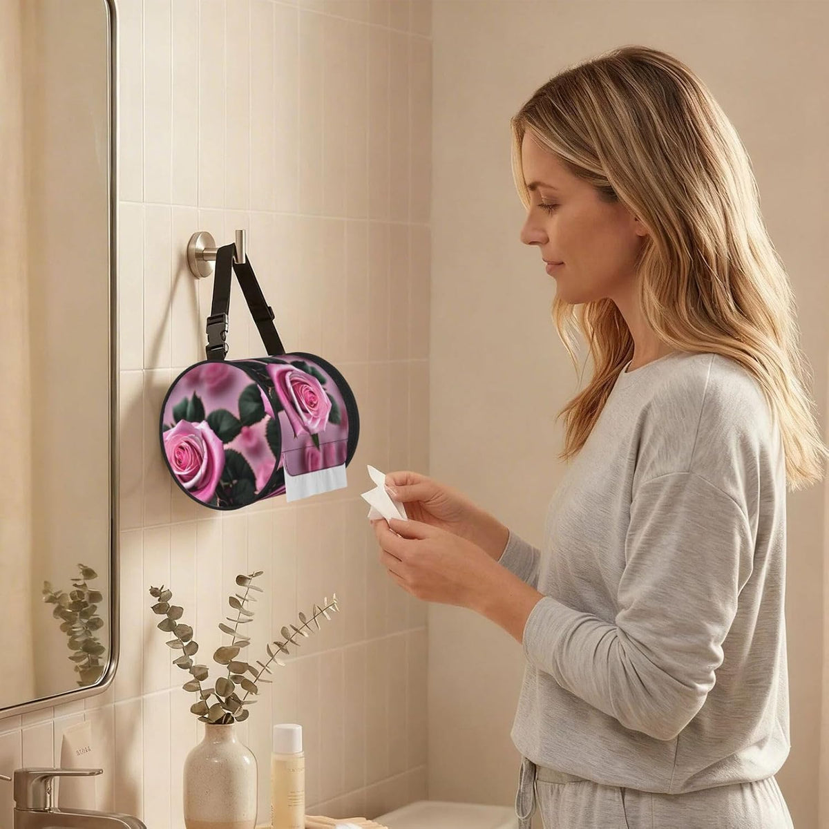 Pink and Rose Print Cylinder Tissue Box Cover Portable Tissue Holder for Bathroom Car Office Home Indoor Outdoor