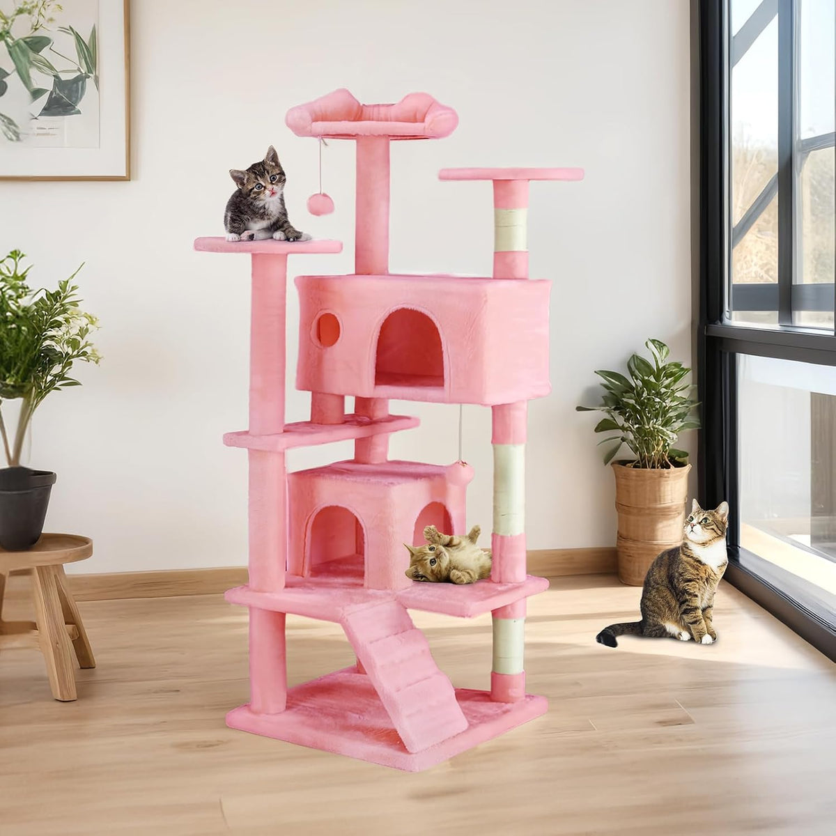 54-Inch Cat Tree Tower – Multi-Level with Sisal Scratching Post, Perfect Pet Gift, Indoor Condo with Climbing Ladder, Plush Toy, and More Animal Stuff, Pink