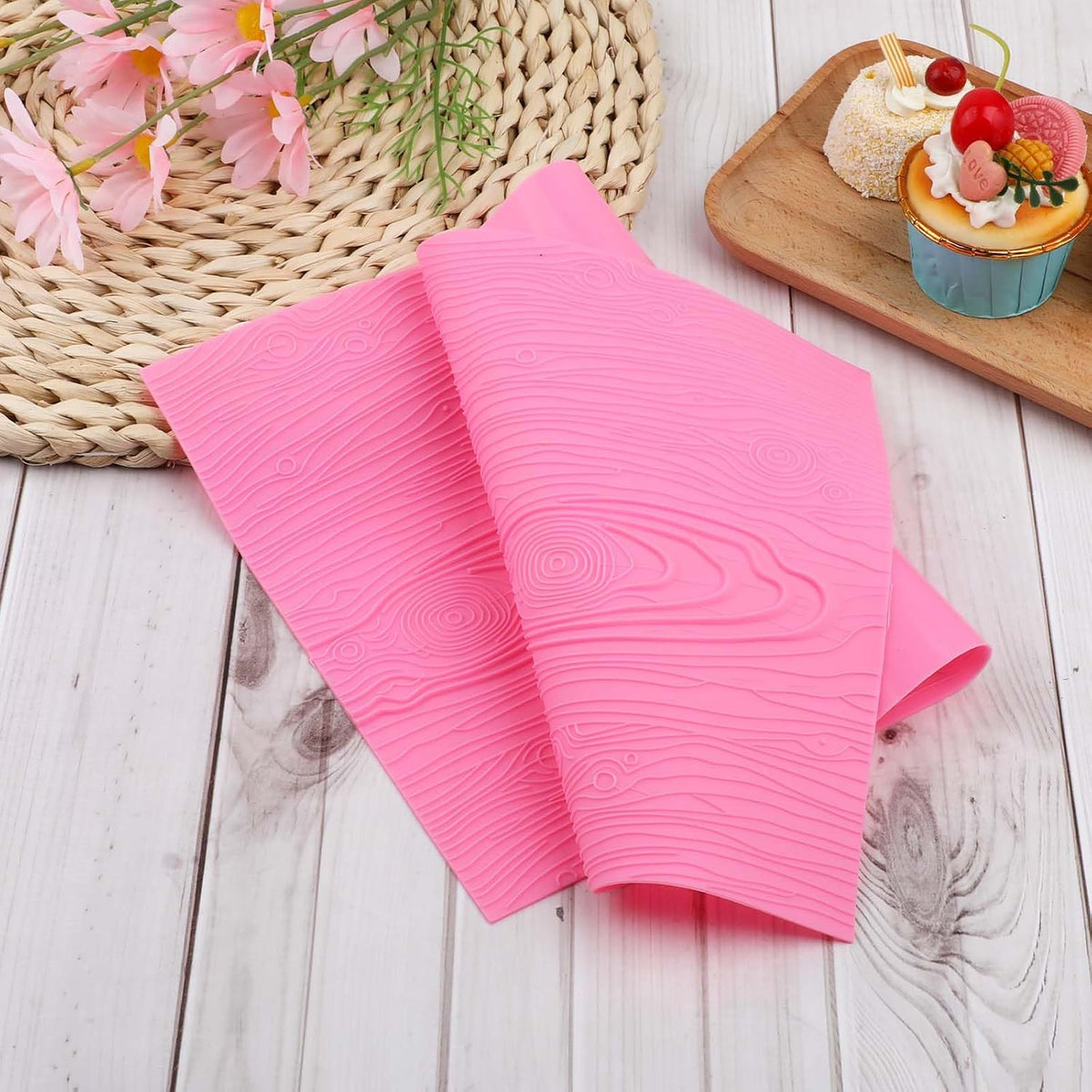 Fondant Woodgrain Impression Mat Fondant Silicone Lace Mold Fondant Wood Texture Mat Silicone Cake Fondant Mat Fondant Embossed Craft Tools for Cakes Decorating(17 x 9 inches), Pink