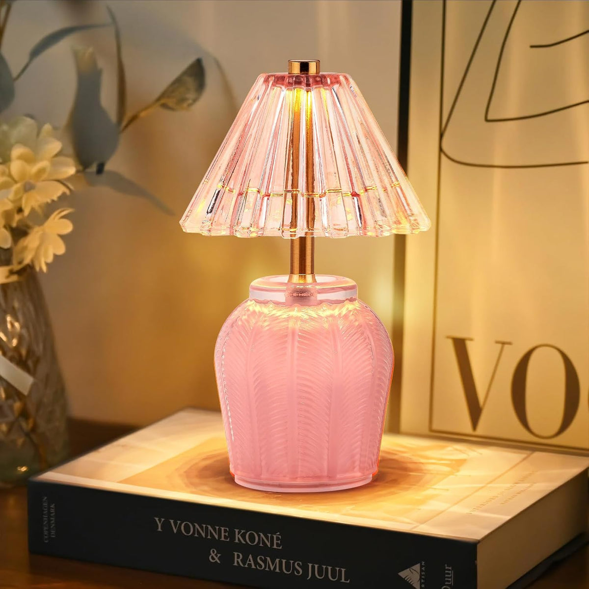 Small Battery Operated Lamp with Timer, Cream Pink