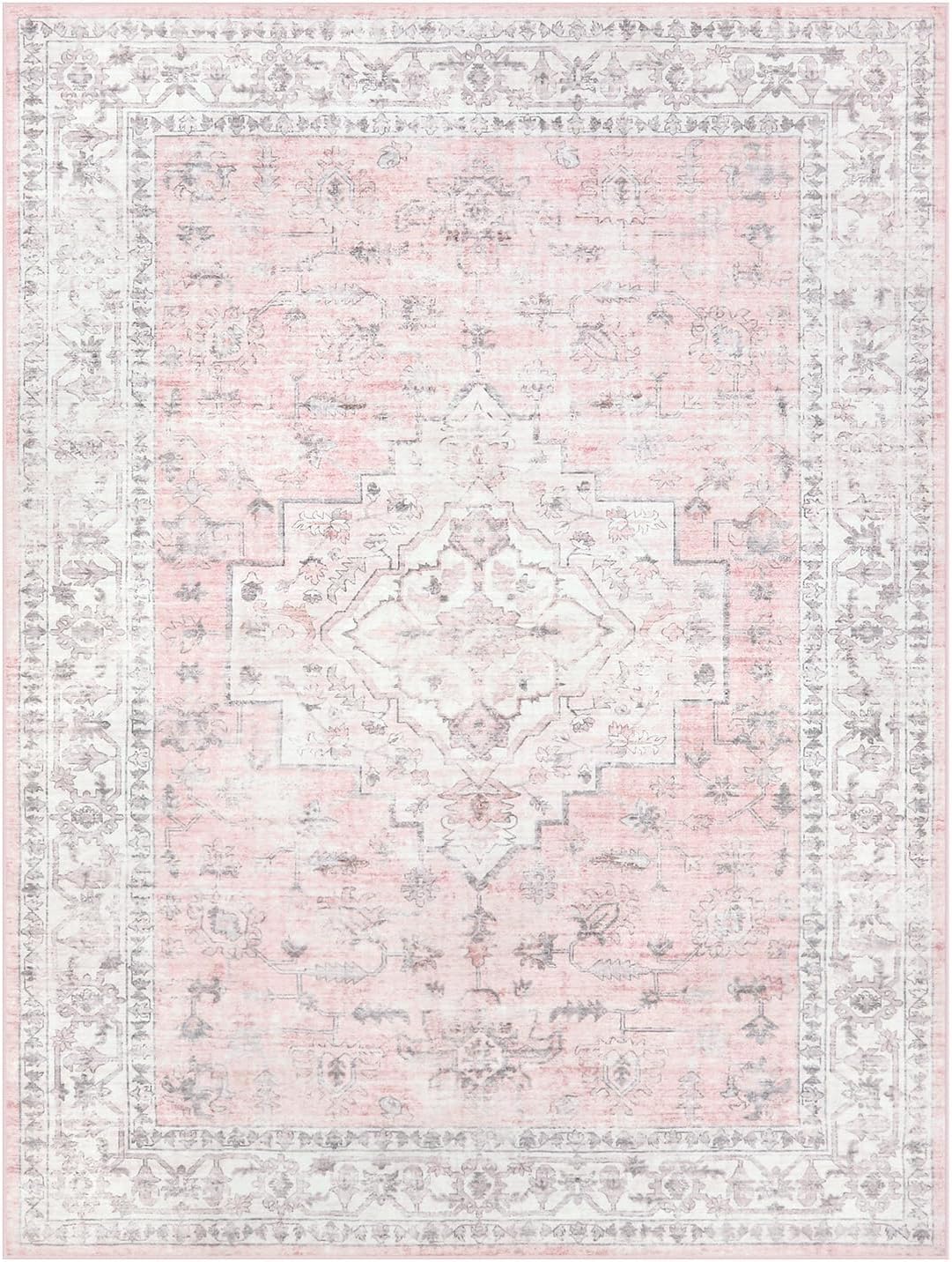 Pink 9x12 Area Rug for Bedroom Girls, Boho Washable Rugs for Living Room Nursery, Non-Slip Indoor Soft Carpet Low-Pile Farmhouse Carpets for Dining Room Kids Playroom, Pink
