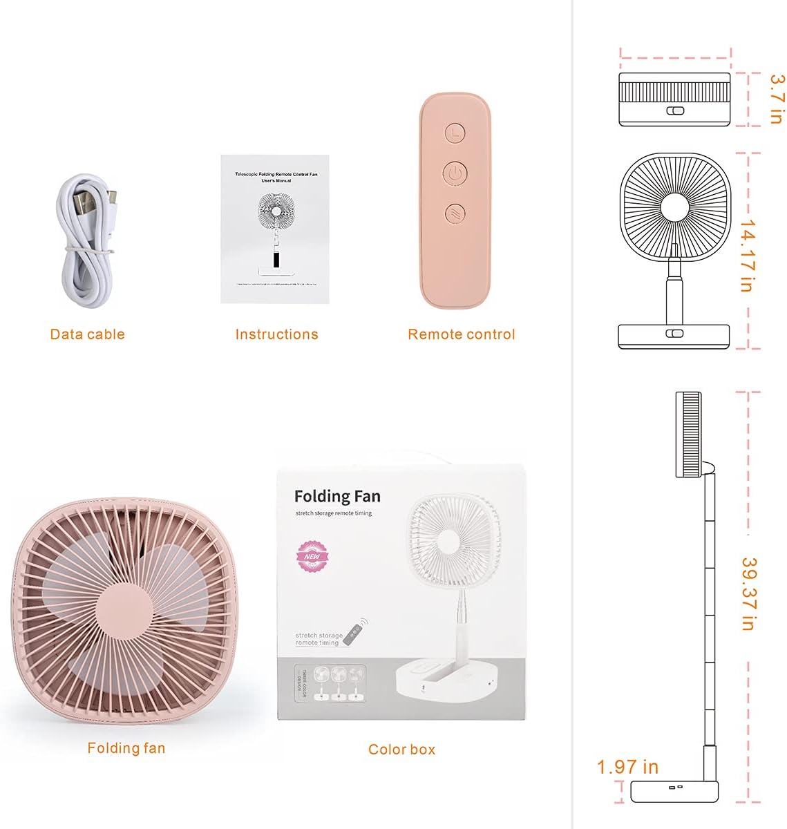 Magesh Portable Pedestal Fan - Foldaway Standing Fan Foldable Desk Fan, Use 7200Mah Rechargeable Battery, Remote Control Telescopic 4 Speed Quiet Timer Fan for Home Kitchen Outdoor Camping (Pink)