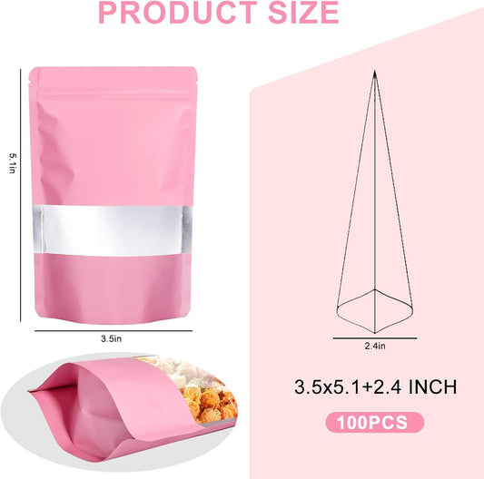 100PCS Mylar Bags for Food Storage, Smell Proof Bags Resealable Food Packaging for Small Business Stand Up Pouches with Window, 3.5" x5.1", Pink
