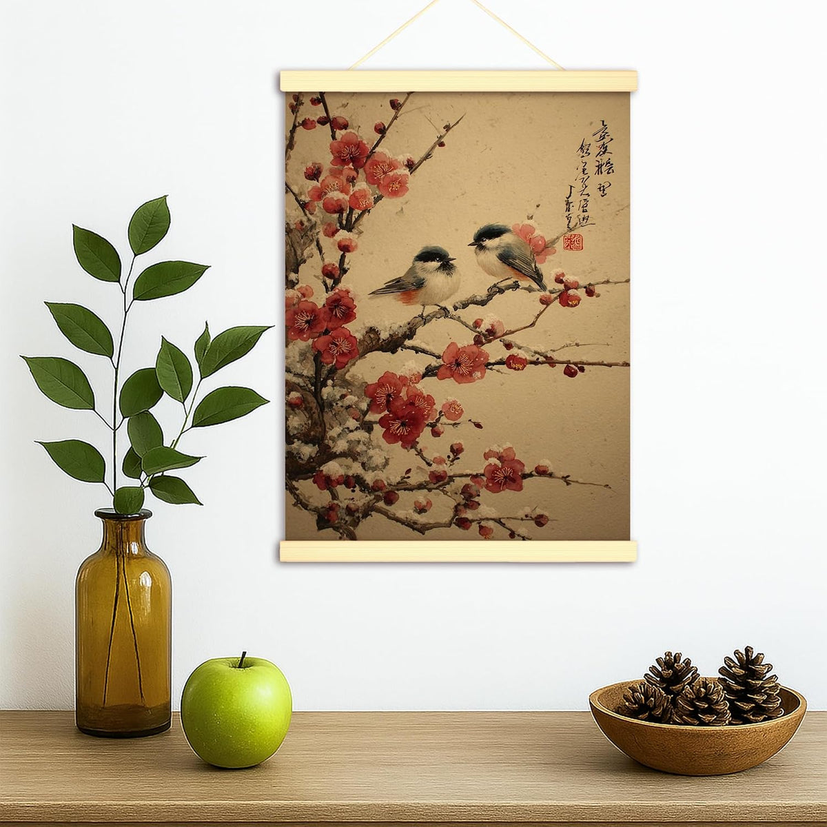 Birds Canvas Hanging Poster Wall Art, Traditional Japanese Cherries Blossoms Branches Spring Peach Wall Poster Hanging with Frame Home Classroom Office Cubicle Decor 12x16 Inches