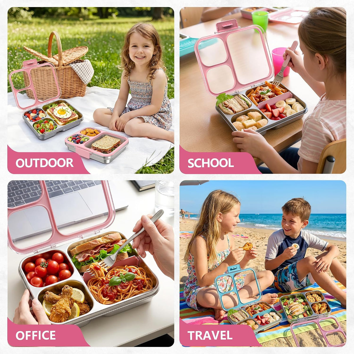 Stainless Steel Bento Lunch Box, 34oz/1000ml, Pink