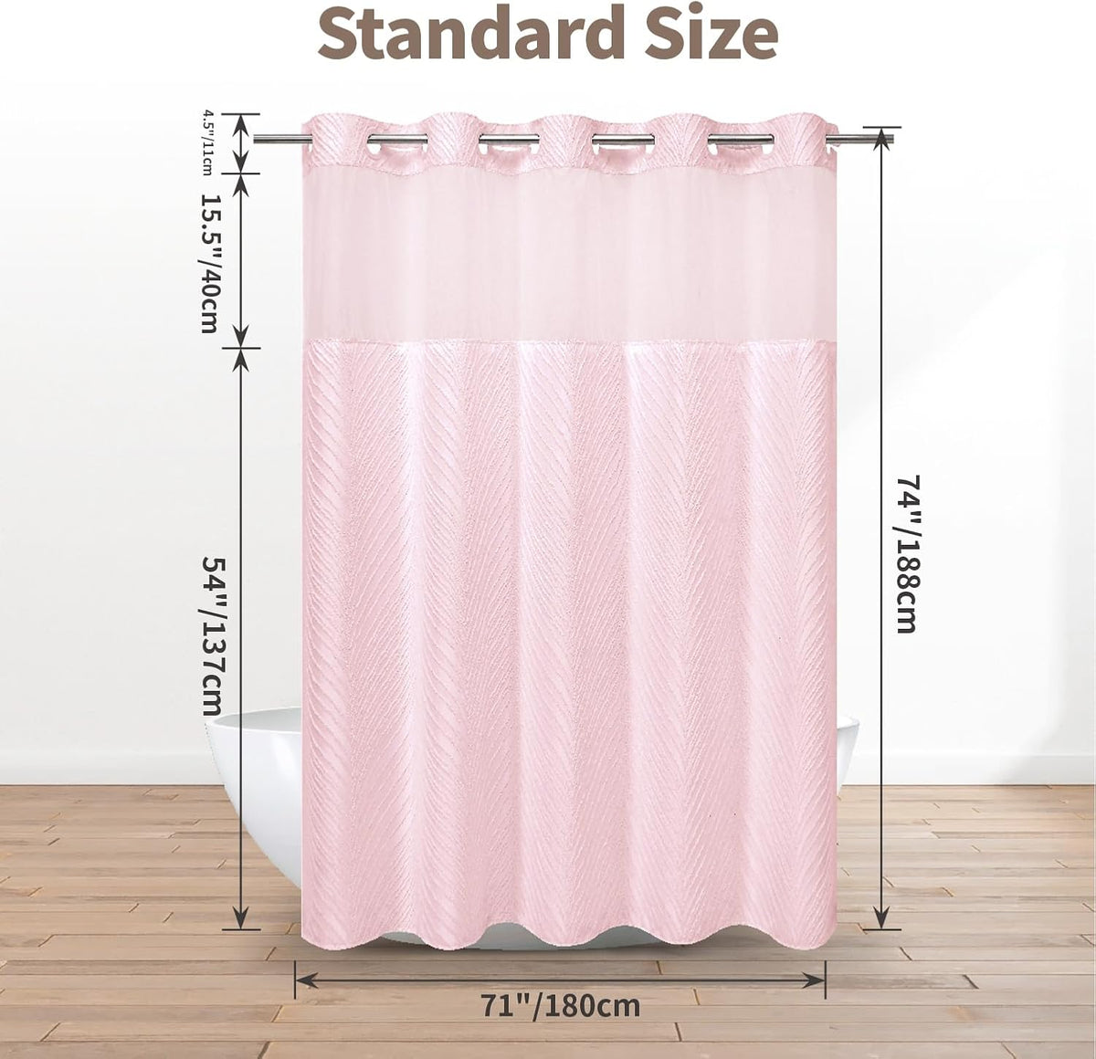 no Hook Shower Curtain and Liner Set,Boho Style with See Through Top Window, Pink Fabric Tufted Striped Textured Outer Curtain & Waterproof Inner Liner, Pink, 71Wx74H
