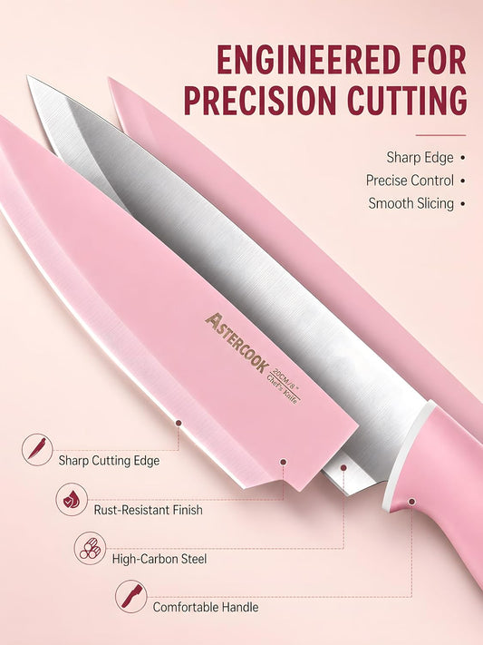 Knife Set with Block and Sharpener, 22 Piece Kitchen Knife Set Dishwasher Safe, Space-Saving Clear Knife Block with Knives for Everyday Home Cooking Pink