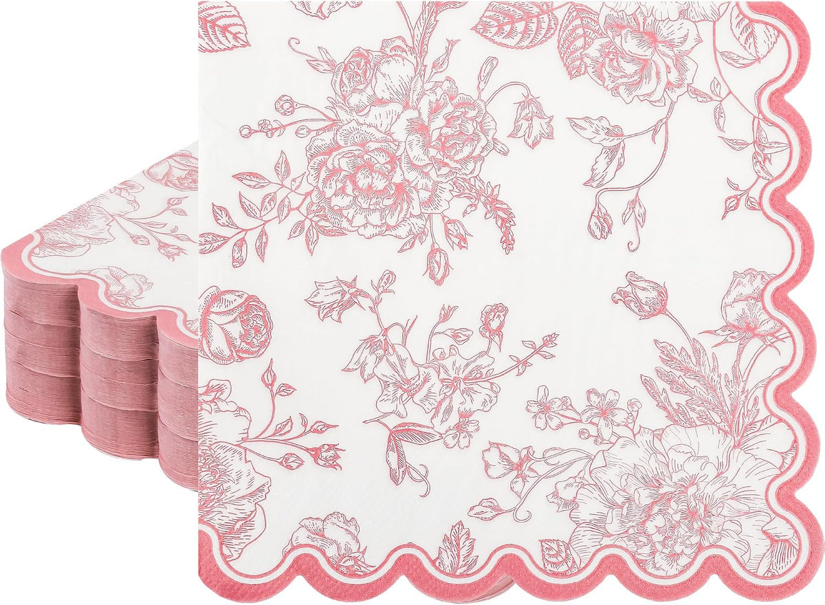 100 Pink Floral Paper Napkins Pink & White Flowers Disposable Party Napkin 6.5" Scalloped Edge Toile Bouquet Hand Towels for Birthday Bridal Baby Shower Tableware