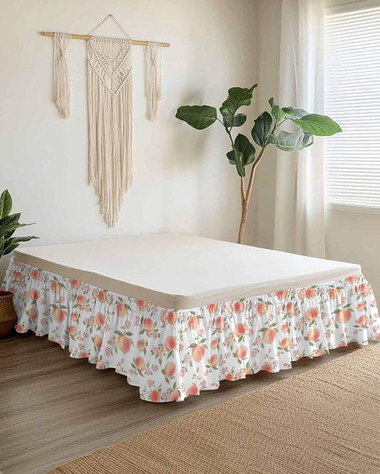 Wrap Around Bed Skirt Queen Size 16 inch Drop, Summer Fruit Pink Honey Peach Elastic Adjustable Bed Skirts Ruffled Bedskirt, Watercolor Plants Bed Frame Cover Hotel Luxury Bedskirts