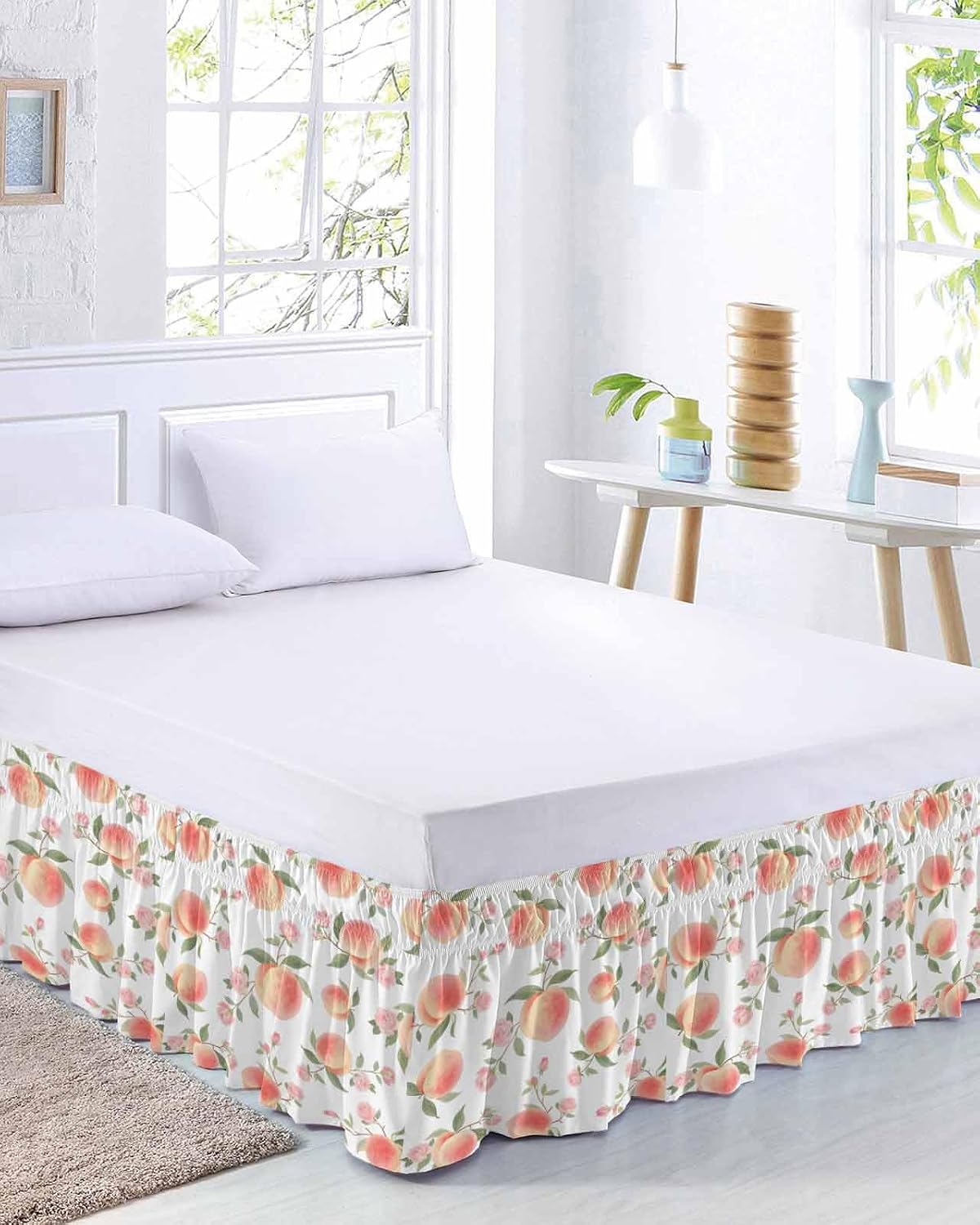 Wrap Around Bed Skirt Queen Size 16 inch Drop, Summer Fruit Pink Honey Peach Elastic Adjustable Bed Skirts Ruffled Bedskirt, Watercolor Plants Bed Frame Cover Hotel Luxury Bedskirts