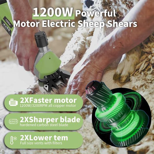 1200W Sheep Shears Clippers, 3200RPM 6-Speed Adjustable Heavy Duty Electric Sheep Shears for Dogs and Farm Livestock Grooming, 13T Blades, Professional Thick Coat Dog Clippers for Alpacas (Green)