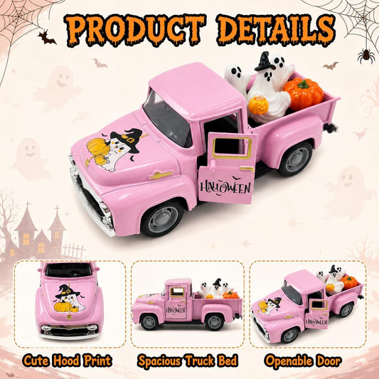 5.7 Inch Pink Halloween Truck Decor with 3 Ghost Figurines and Pumpkin, Vintage Metal Pickup Truck, Spooky Farmhouse Tabletop Decoration for Halloween Party Tiered Tray Mantel Shelf Home Decor