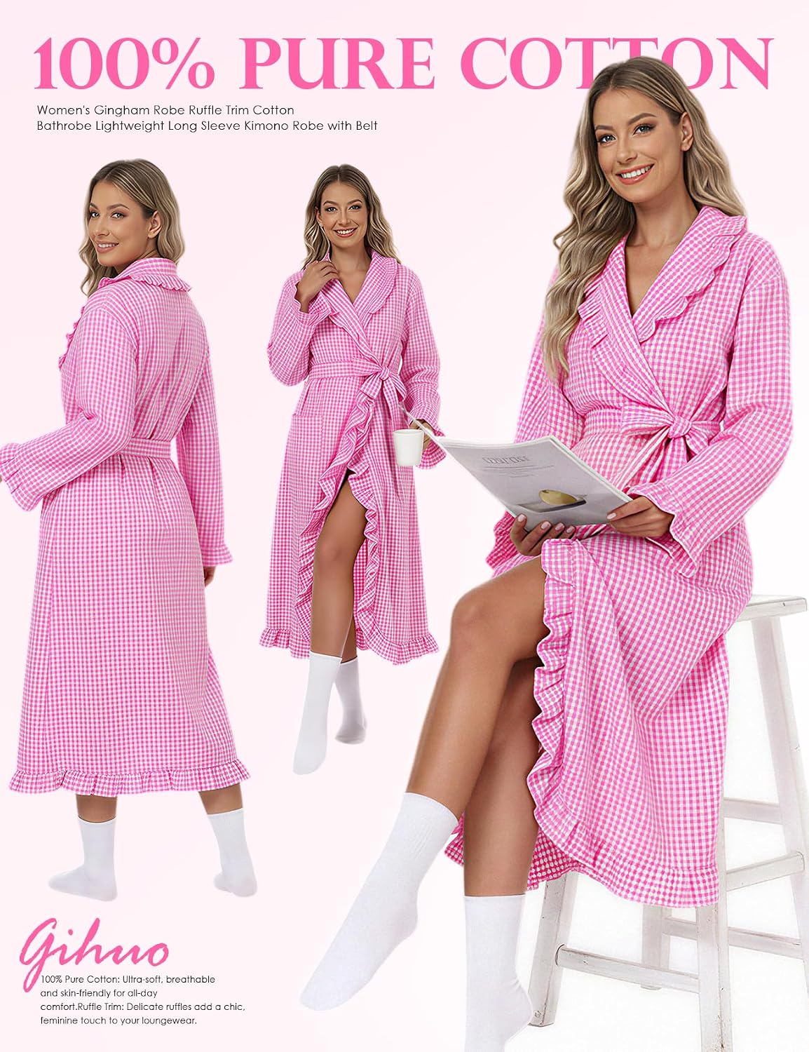 Cotton Robes for Women Gingham Long Sleeve Ruffle Trim Bathrobe