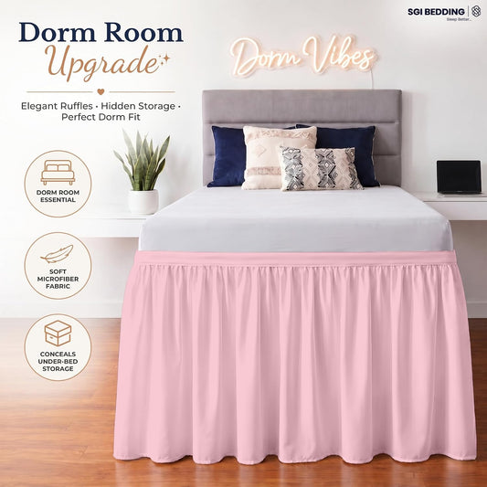 Dorm Bed Skirt Twin XL 34 Inch Drop Length - Pink, Ruffled Pattern College Dorm Room Bed Skirts - Split Corner, Easy Care, Wrinkle Free 1800 Series Microfiber Bed Skirt
