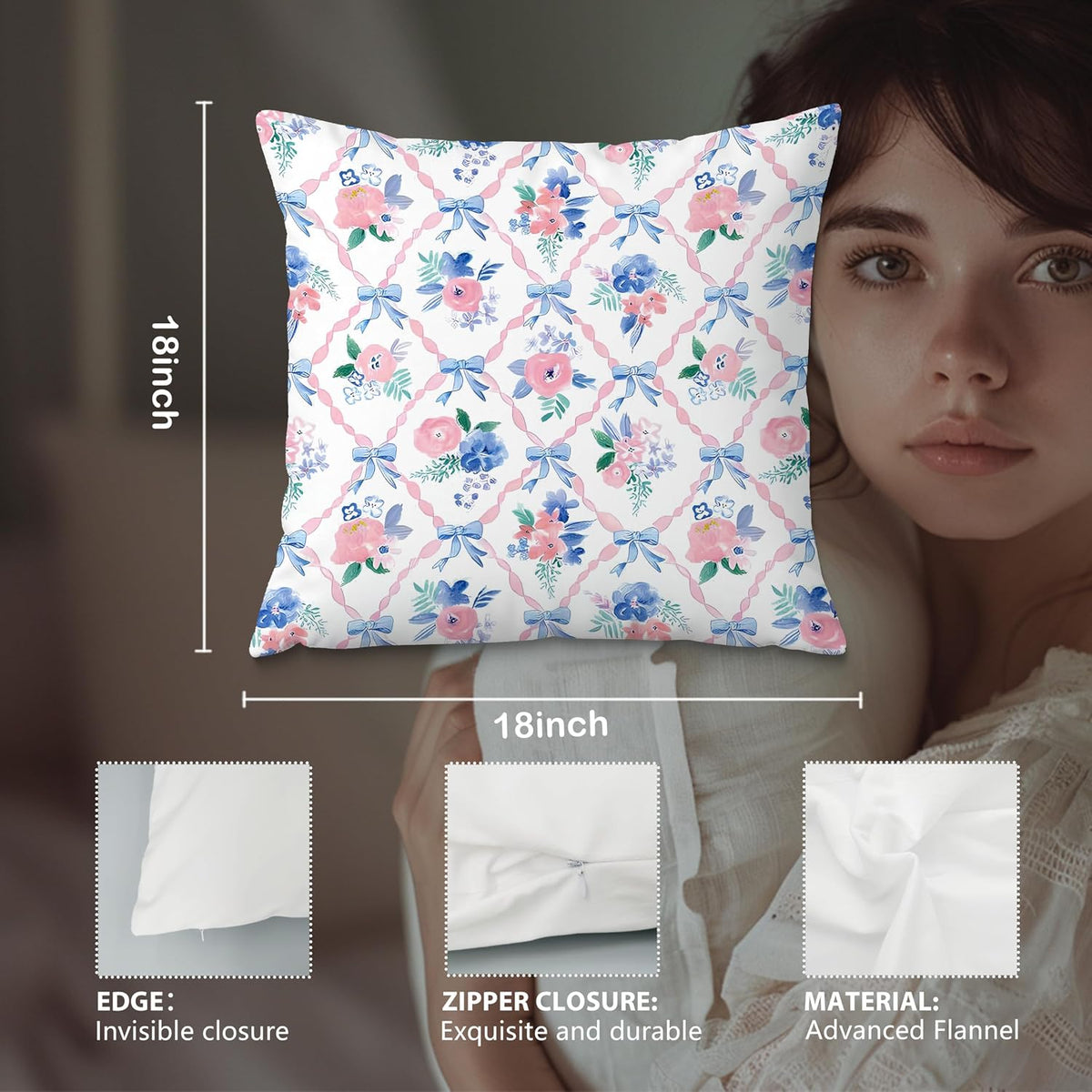 Coquette Bow Pillow Covers 18x18, Coquette Room Decor, Preppy Pink and Blue Floral Pillow Covers, Preppy Room Decor, Girly Bedroom Decor, Coquette Stuff, Bow Room Decor