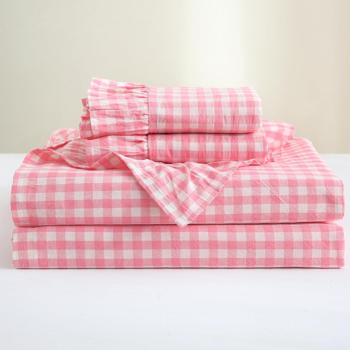 Coral Pink White Ruffle Gingham Sheets Queen Size 4-Piece Set