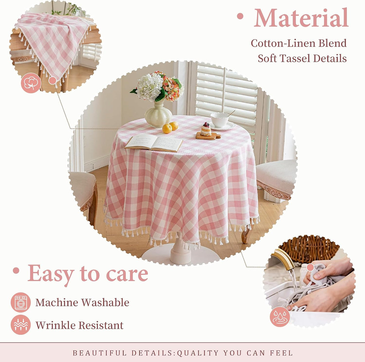 Pink Round Tablecloth, Gingham Cotton Linen Plaid, 60 Inch