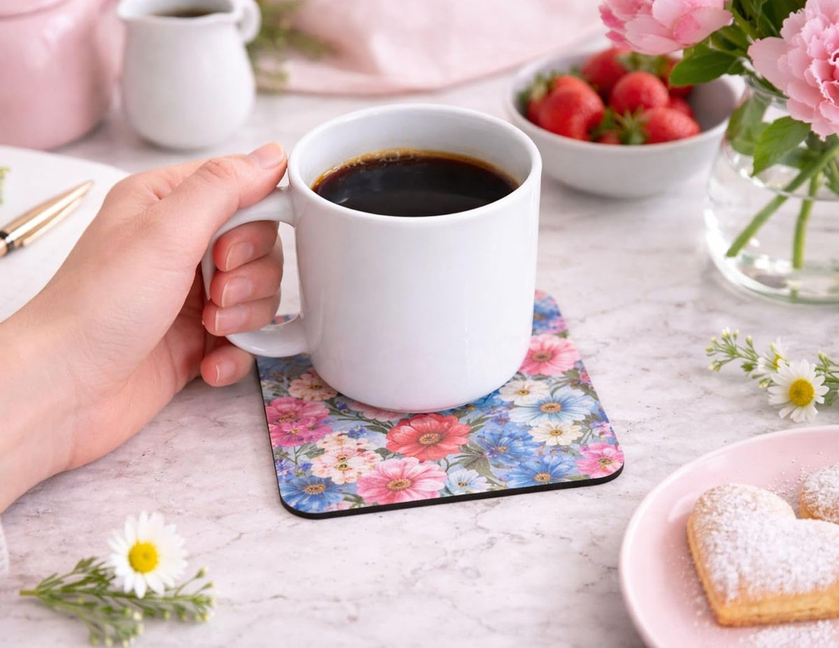 Spring Floral Rubber Coasters Set of 4, Absorbent Drink Coasters with Non‑Slip Rubber Backing, Spring Flower Patterns for Home and Kitchen (Pink Blue)